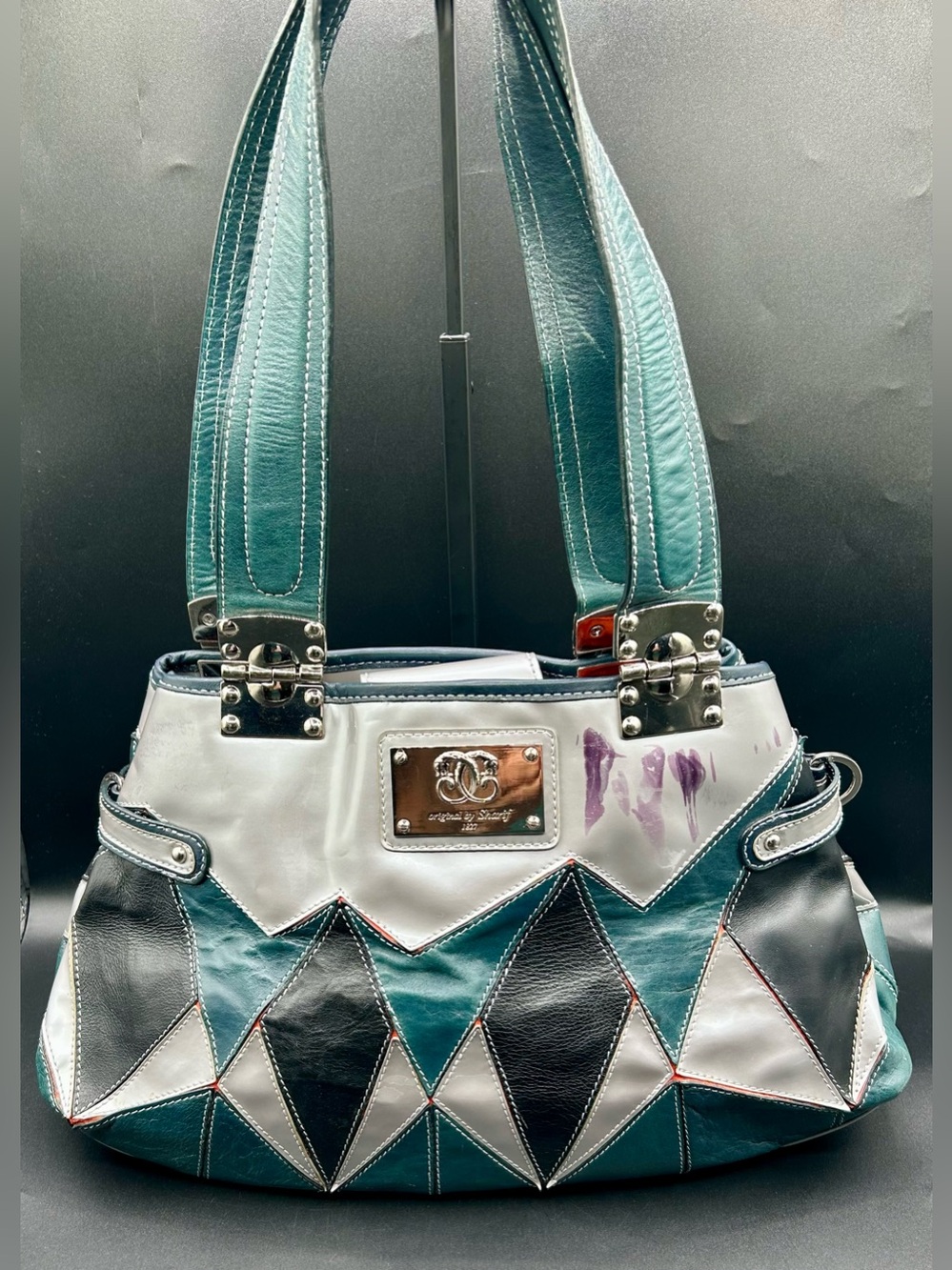 VINTAGE SHARIF Geometric Diamond Patchwork Leather Shoulder & Handbag.